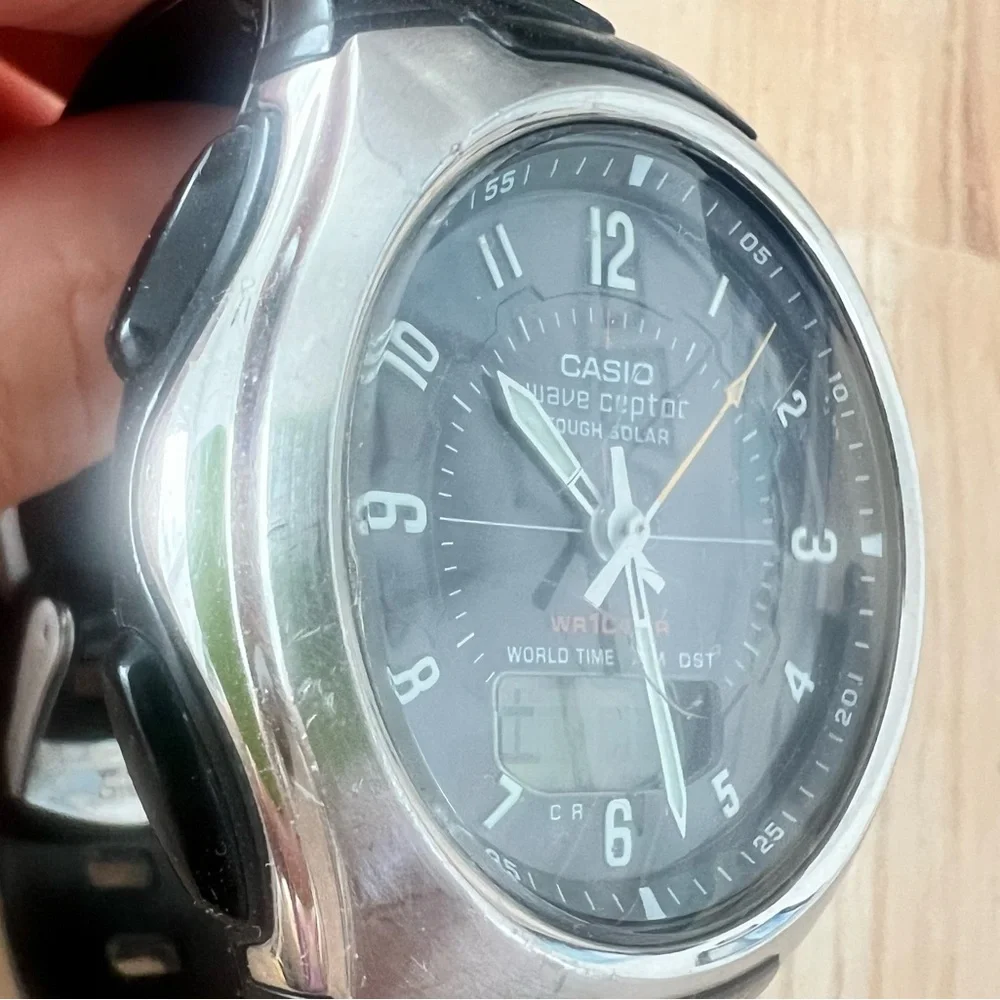 Casio wva-430j wave ceptor tough solar world time silver tone black watch